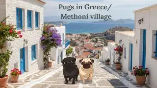 Two Pugs Exploring Methoni, Greece | Calm Walk by the Sea