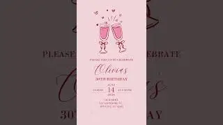 30th Birthday Minimalist Animated Invitation, Pink Champagne Doodle Design (Canva Digital Invite)