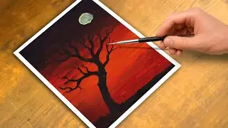 Acrylic Painting  Idea 4K  | 🌙 Night Moon Sky & Tree Silhouette