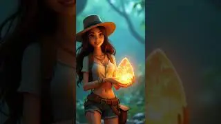 A brave explorer woman, holding a glowing crystal compass, venturing through a lush jungle.