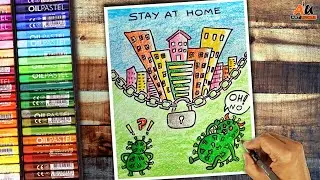 Easy Coronavirus awareness poster (lockdown) drawing for beginners with oil pastel - step by step