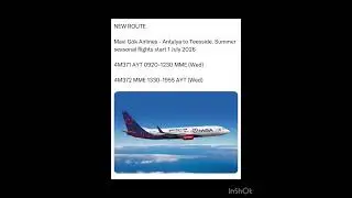 NEW ROUTE  Mavi G&ouml;k Airlines - Antalya to Teesside. Summer seasonal flights start 1 July 2026