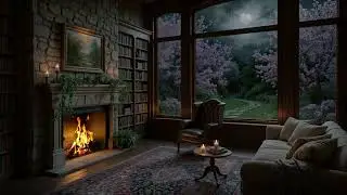 Cozy Library & Cherry Blossoms: Crackling Fireplace with Night Rainfall for Deep Sleep & Meditation
