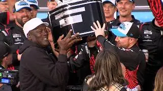 MICHAEL JORDAN CELEBRATES IN VICTORY LANE WITH HIS DRIVER TYLER REDDICK AFTER DAYTONA 500 WIN.
