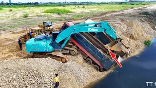 Unbelievable 2 Dump Trucks Back Overload Fail When Land Slide Into Water Help Use Excavator & 2Dozer