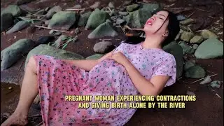 Seconds of a 9-month pregnant woman experiencing contractions and giving birth alone by the river