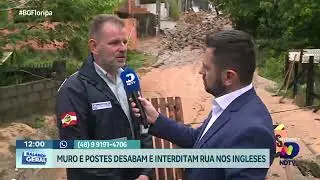 Desabamento de muro e postes interditam rua dos Ingleses, em Florianópolis