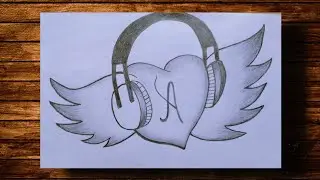 Flying Heart with letter A ❤️//How to draw a Heart with with wings 💸 and headphone🎧 // pencil sketch