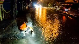 Importance Remove Trash Clogged Culvert Drain At Night After Heavy Rain