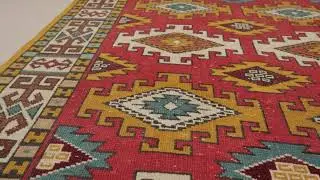Vintage Oushak Rug in Red with Bold, Colorful Geometric Patterns - Rug & Kilim - 34712