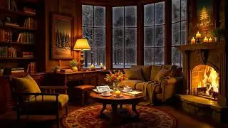 Cozy Winter Reading Nook Ambience ❄📚 Soft Jazz, Howling Wind, Fireplace & Blizzard Sounds for Sleep