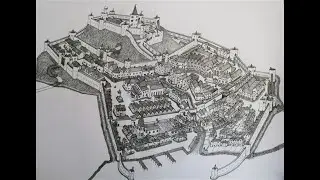 Fantasy medieval castle and walled town ink drawing.
