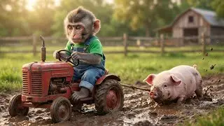 Baby Monkey&rsquo;s Tractor Rescue: Pig Stuck in Deep Mud! 🐒🚜🐷