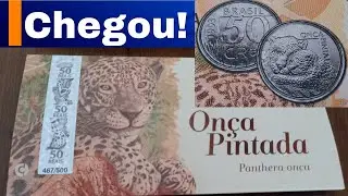 CHEGOU !!! Moeda da On&ccedil;a Pintada + C&eacute;dula de 50 Reais | Folder raro da S&eacute;rie Fauna Brasileira