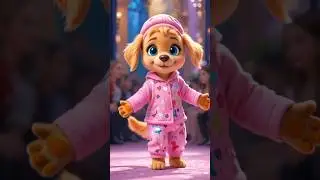 A cute golden retriever puppy is dancing in a fashion show.