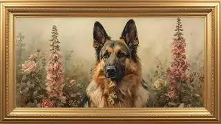 German Shepherd Floral Painting | Vintage Dog Gold Frame 1HR 4K TV Art | Elegant Nature Screensaver