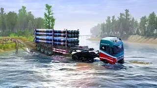 MudRunner - VOLVO ROAD TRAIN vs. BROKEN WOODEN BRIDGE Challenge