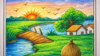 easy village drawing with oil pastel 