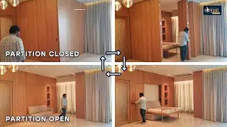 Sliding folding partition with Sofa bed mechanism for temporary guest room inside living room