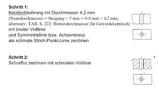 Zeichnen u. bemaßen des Gewindes M5 einer Durchgangsbohrung im Teilschnitt in 4 Schritten