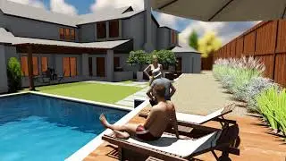 Transitional front and backyard landscape with pool, Ipe deck and firepit