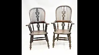 Pair Windsor Arm Chairs Oak His and Hers 1860