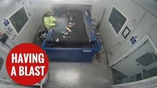 The moment a flare explodes in a waste worker's hands