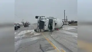 Authorities say no fatalities on overturned cement truck accident in Seguin