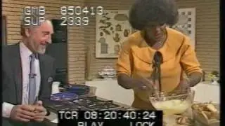 Rustie Lee and Nigel Hawthorne with Steve Nallon impersonating Margaret Thatcher - TV-am - 1985