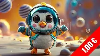 Playful HD Cartoon Penguin Astronaut Exploring Colorful Cosmic Planet Stock Footage
