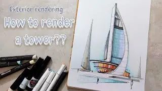 How to render a tower with alcohol marker?!🗼🎨 Exterior rendering