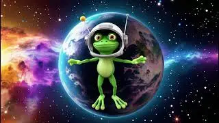 Cartoon green frog in a space helmet dancing joyful