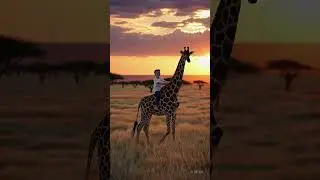 Amazed Boy Rides Giraffe at Sunset, Reaching for Its Ossicones 🦒🌅👦