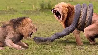 Lion Helpless Before The Surprise Attack of Giant Python