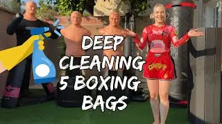Deep cleaning 5 boxing bags from @centurymartialarts 👊