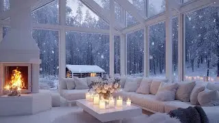 White Lounge Piano for Cold Winter ❄️ | Warm Fireplace & Snow Window | Relax, Study & Calm