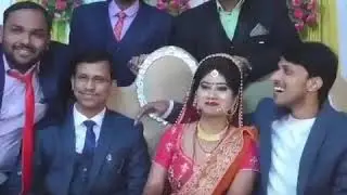 Bride keeping hand of husband's friend on shoulder  in Indian marriage ceremony meme template/clip