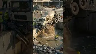 Cement Truck FAIL! Overturns and Sinks in Deep Pit #viral #short #cement #truck