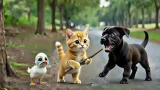 cute Kitten Faced a Dog to Save a Duck 🦆🐱”//cat story//cat video//animal story