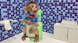 Little Monkey Bu Bu go to the toilet and playing with the puppy open Surprise eggs So cute