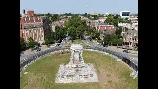 A drone view of Monument Avenue without Robert E. Lee statue