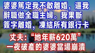 婆婆篤定我不敢離婚，逼我辭職做全職主婦。我果斷簽字離婚，凍結所有銀行卡。丈夫：“她年薪620萬”！一夜破產的婆婆當場崩潰！#生活經驗 #生活 #婆媳 #故事分享