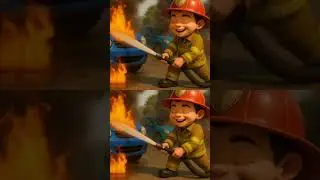 Firefighter kid, cartoon firefighter saves from fire, car on fire.  #childhood #disney #firetruck