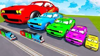 Big & Small Colors Dodge Challenger SRT Hellcat Lightning McQueen VS Trains Thomas | BeamNG.drive