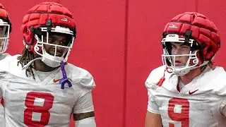 Razorback tight ends after moving indoors for second practice of fall camp