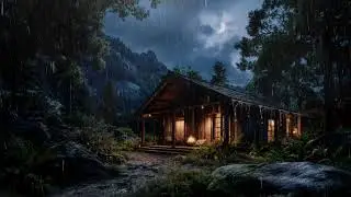 Cozy Wooden Cabin Storm | Rain, Waterfall & Distant Thunder for Sleep