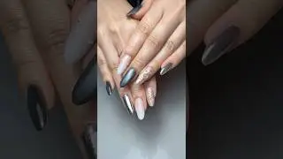 Hard structure gel in almond dual form nail extensions silver chrome cat eye glitter  3-D design