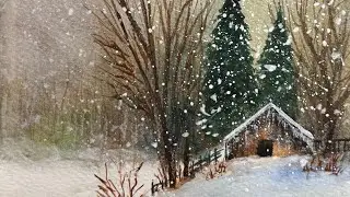 Painting a Cozy Winter Cabin in the Snow | Watercolor Landscape Tutorial