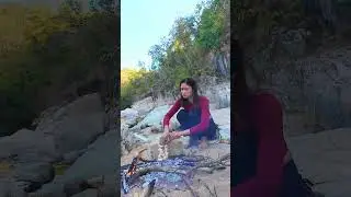 A beautiful girl grilling meat alone on a deserted island #camping #survival #rain