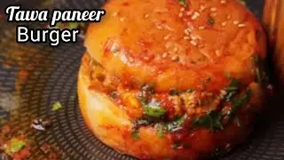 Street style tasty and masaledar Tawa paneer cheese burger. Tawa paneer burger 